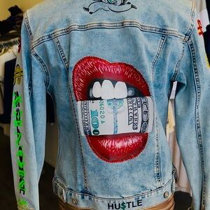 SAGII (Sauh-jee) crystal Money Denim Jacket with Red Lips and Dollar Bill Design